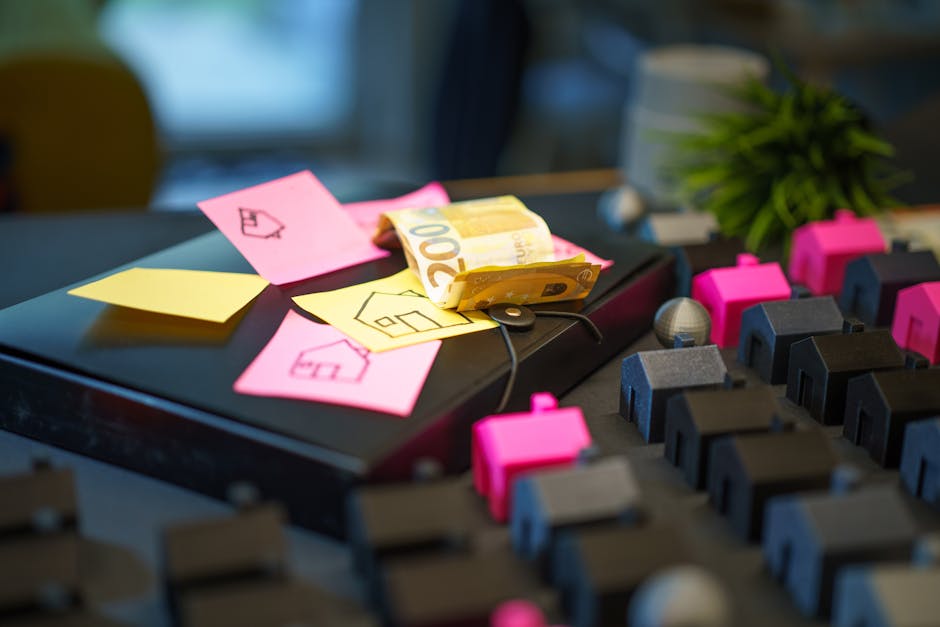 A black audio mixing console with colorful sticky notes in pink and yellow placed on top, some featuring hand-drawn house icons. Several folded 20-pound banknotes are also resting on the console. In the background, there is a blurred green potted plant and part of a room with natural light, indicating an indoor environment. The setup suggests preparation or planning related to home relocation or furniture transport, aligned with house removals and moving logistics. The scene is well-lit, with the focus on the console, notes, and money, emphasizing the packing and organization process involved in professional removals, as offered by Man and Van Fitzrovia.